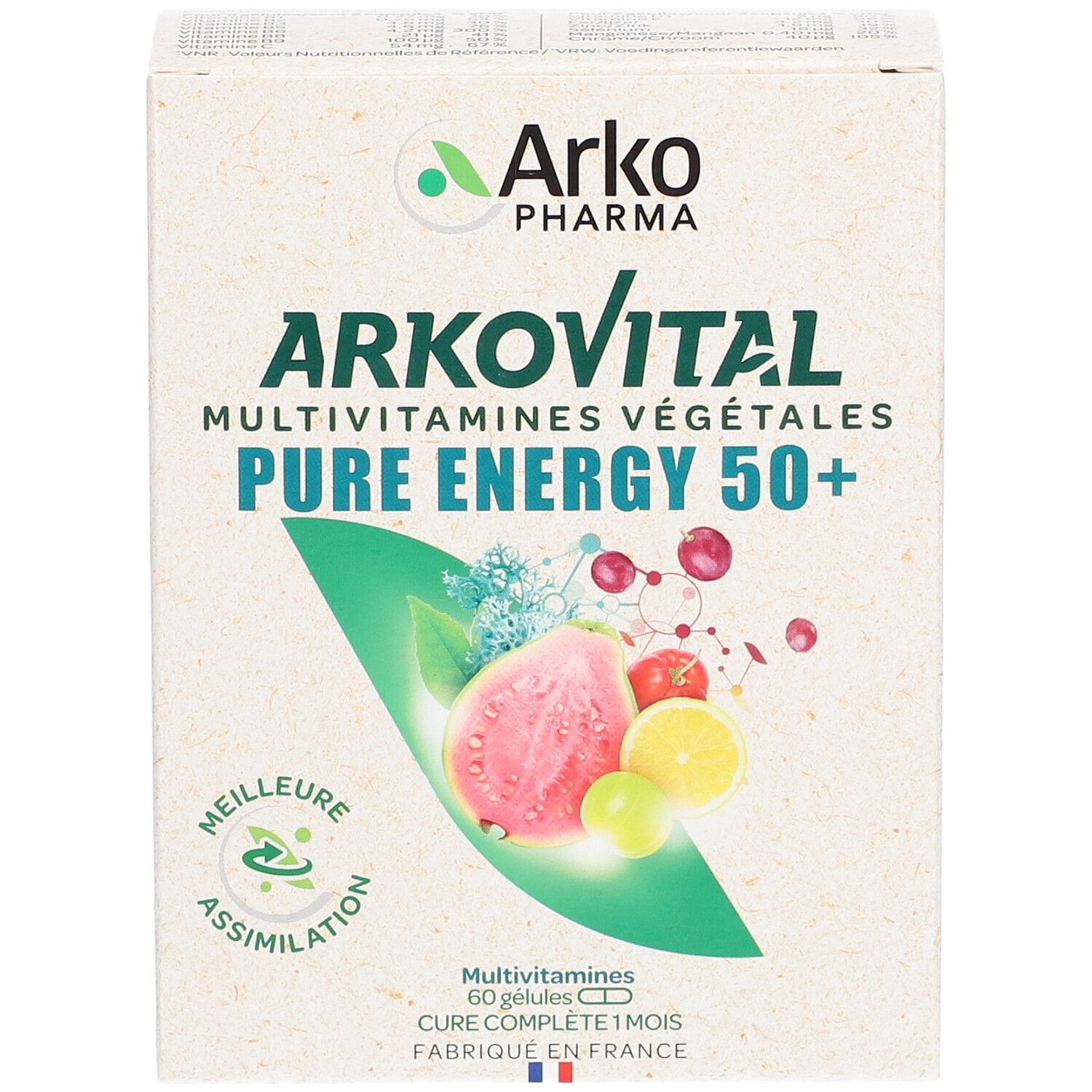 Boîte de produit avec texte. Inscription: Arkovital Pure Energy 50+. Illustration de fruits.