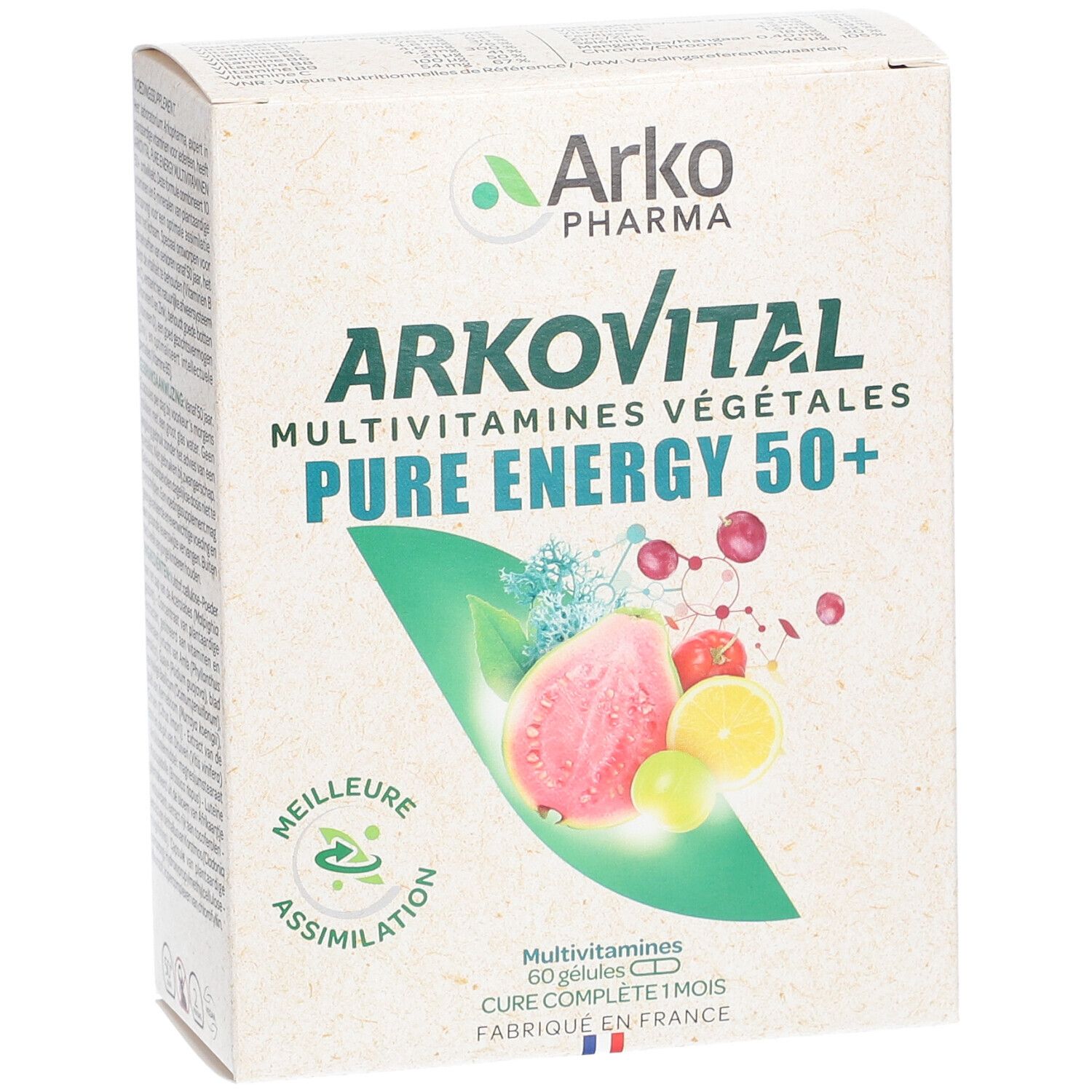 Boîte de produit avec texte. Inscription: Arkovital Pure Energy 50+. Illustration de fruits.