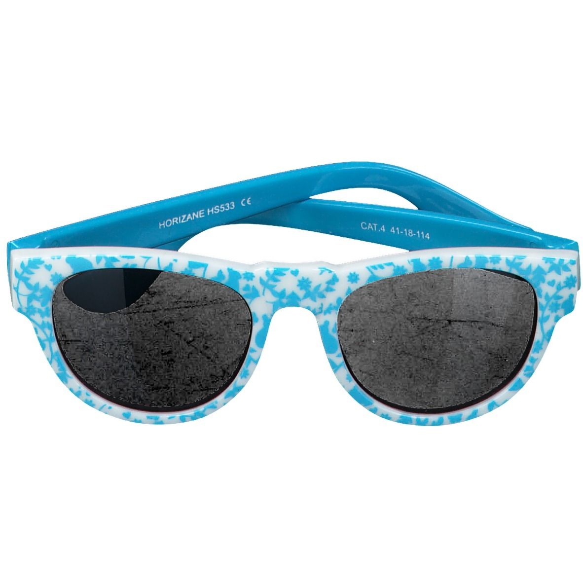 Lunettes de soleil bleues et blanches pour enfants. Monture blanche à motifs floraux. Verres noirs. Inscription 'HORIZANE HS533 CE'.