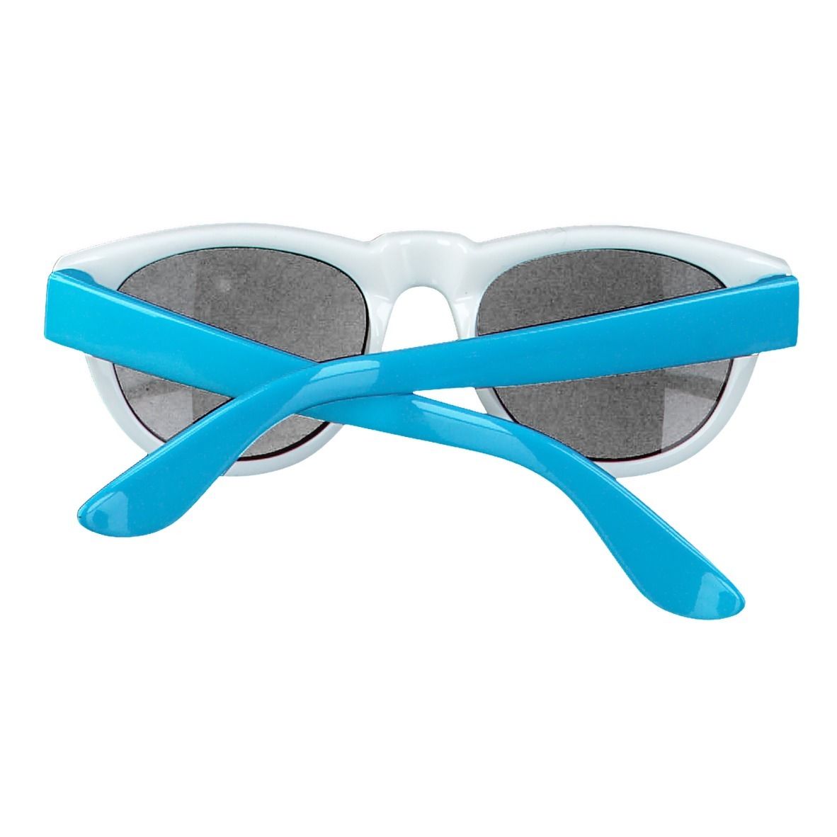 Lunettes de soleil blanches avec branches bleues. Verres noirs. Vue arrière. Branches croisées.