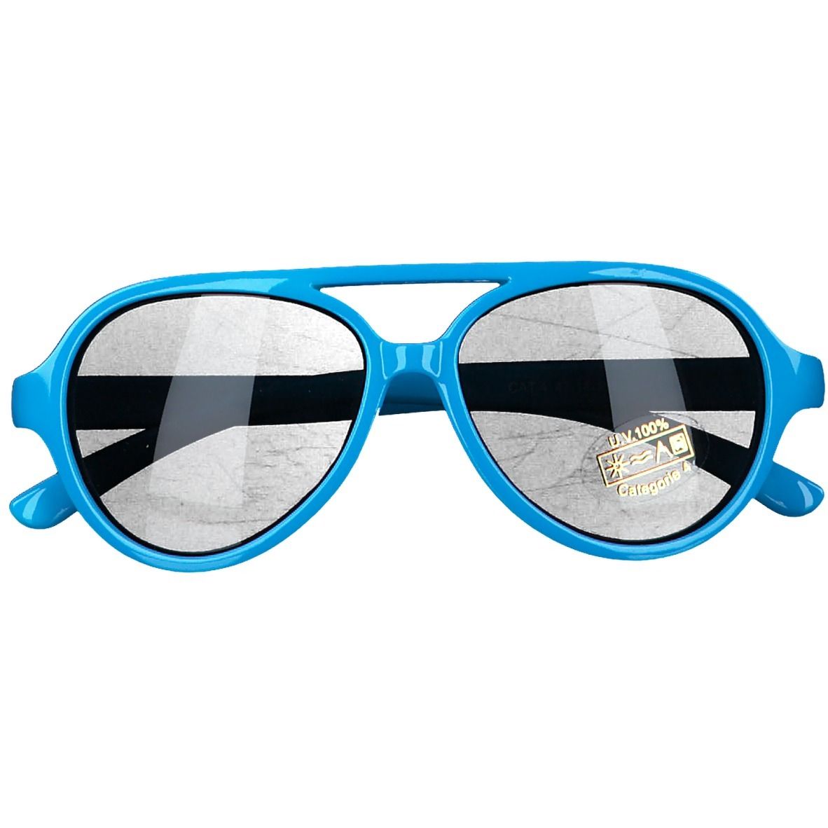 Lunettes de soleil bleues, verres foncés, forme aviateur. Autocollant de protection UV.