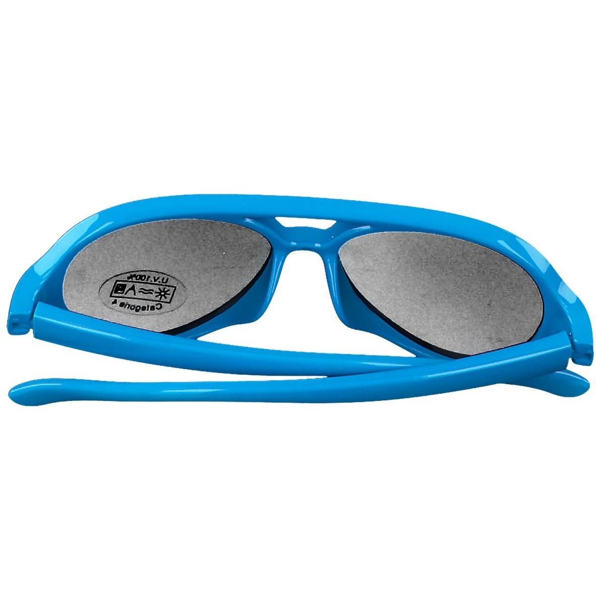 Vue arrière de lunettes de soleil bleues. Verres foncés, autocollant UV.