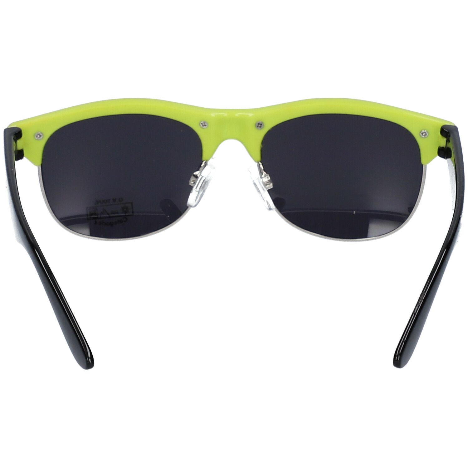 Lunettes de soleil à monture verte et verres noirs. Branches noires. Vue arrière.