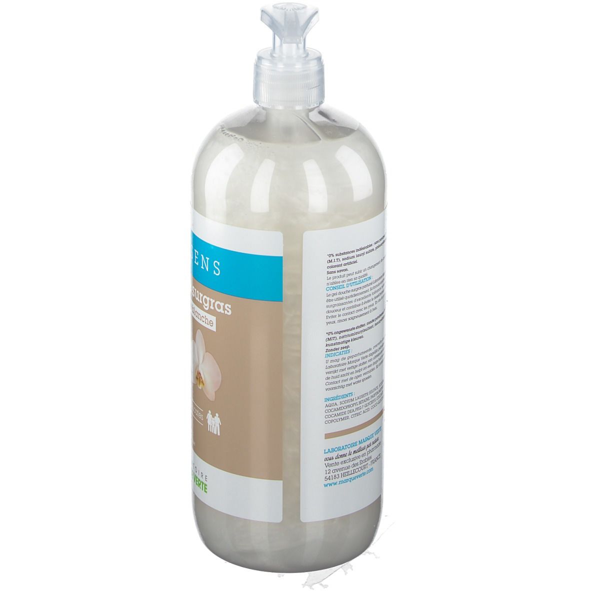 Douchegelfles met pomp. Achterkant met productinformatie. Merk: DermAsens. Orchidée blanche.