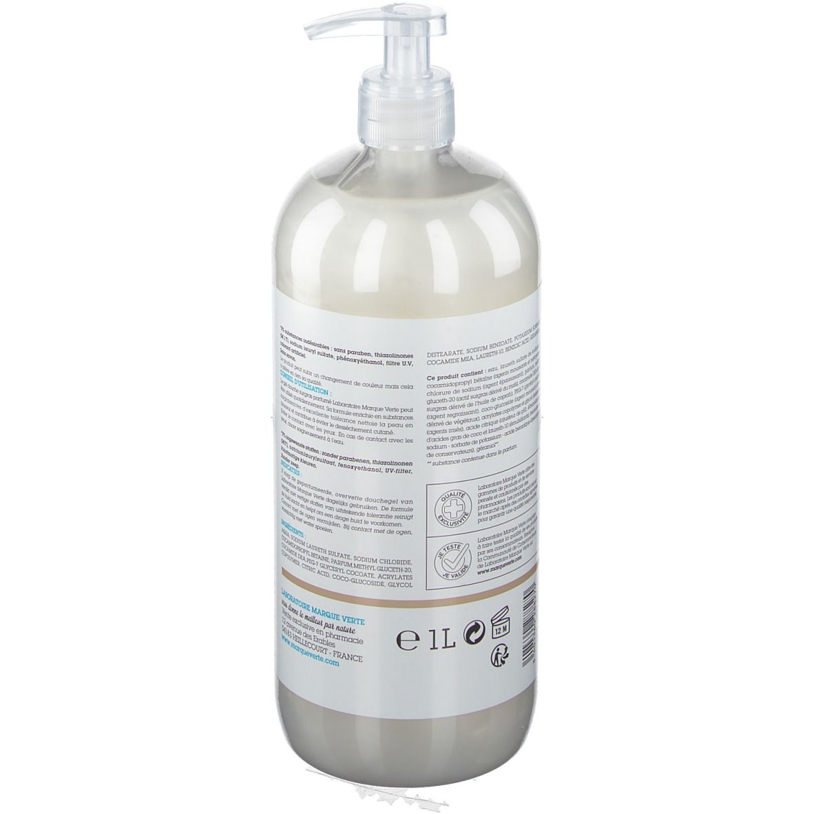Douchegelfles met pomp. Achterkant met productinformatie. Merk: DermAsens. Orchidée blanche.
