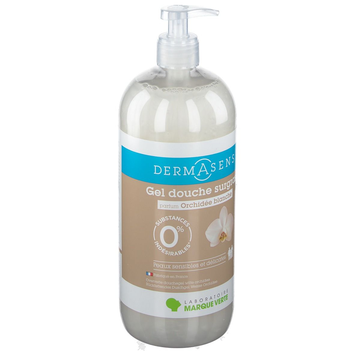 Douchegelfles met pomp. Opschrift: DermAsens, Gel douche surgras, Orchidée blanche. 0 % ongewenste stoffen.