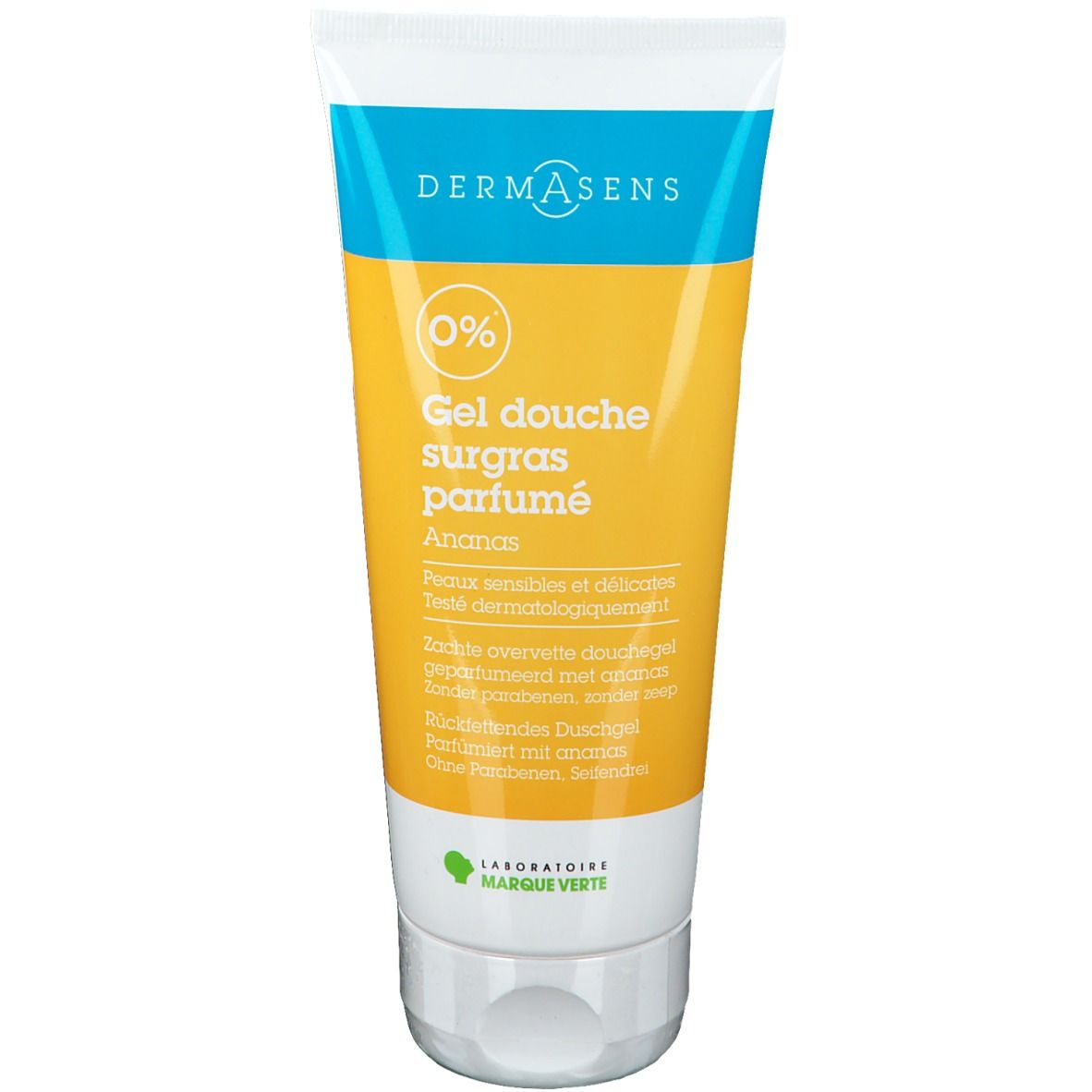 Tube de gel douche jaune et blanc. Inscription: DERMASENS, Gel douche surgras parfumé Ananas. Logo Marque Verte.