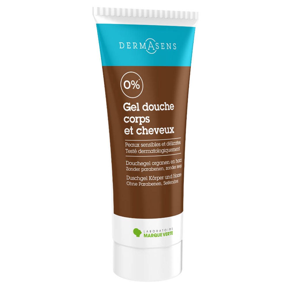 Tube de gel douche corps et cheveux brun et blanc. Inscriptions bleues et blanches. Logo: Laboratoire Marque Verte.