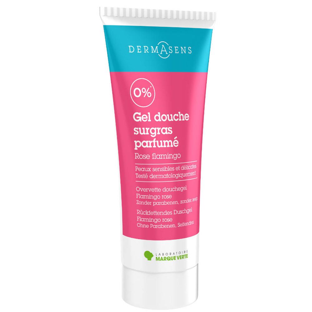 Dermasens douchegel Rosa Flamingo in tube. Roze, witte en turquoise kleuren. Tekst: Gel douche surgras parfumé. Logo.
