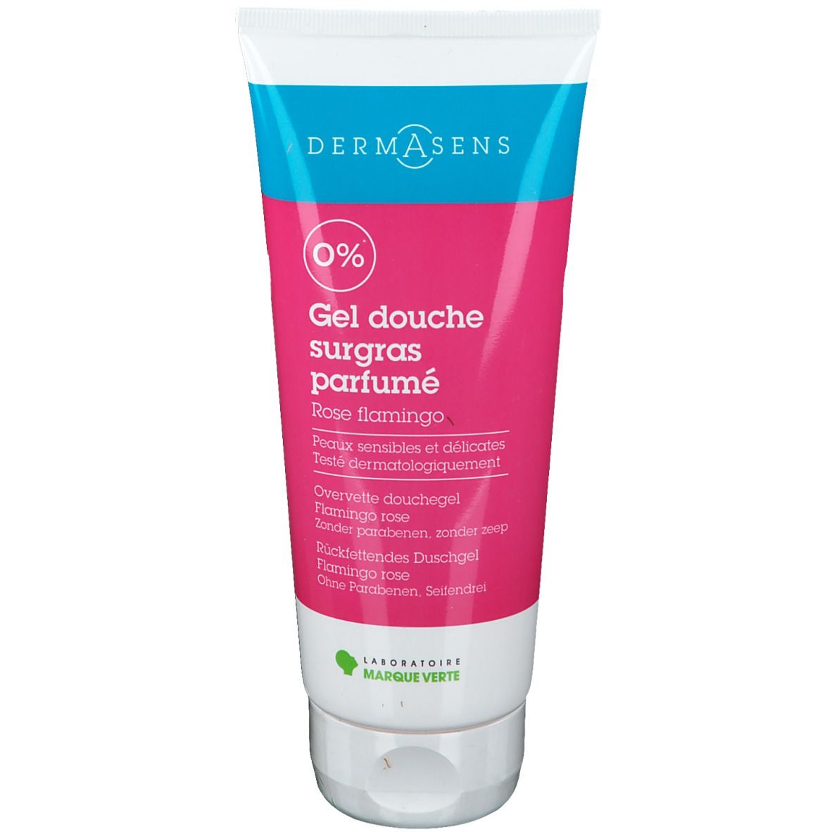 Dermasens douchegel Rosa Flamingo in tube. Roze, witte en turquoise kleuren. Tekst: Gel douche surgras parfumé. Logo.