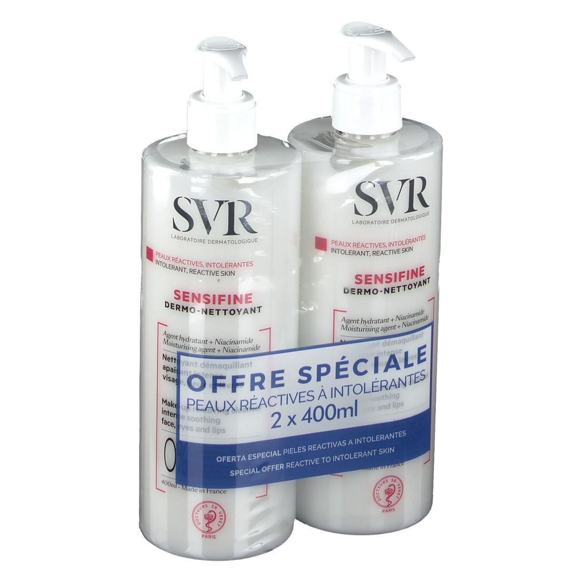 Zwei SVR Sensifine Dermo-Nettoyant Flaschen mit Pumpverschluss. Verpackt in Folie. Aufschrift: Peaux réactives à intolérantes.