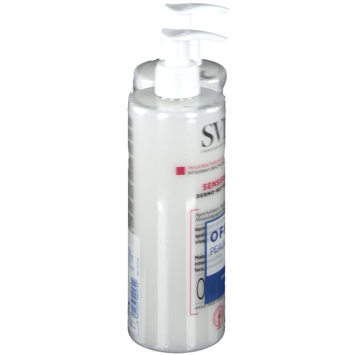 Zwei SVR Sensifine Dermo-Nettoyant Flaschen mit Pumpverschluss. Seitenansicht. Verpackt in Folie. Text auf Etikett.