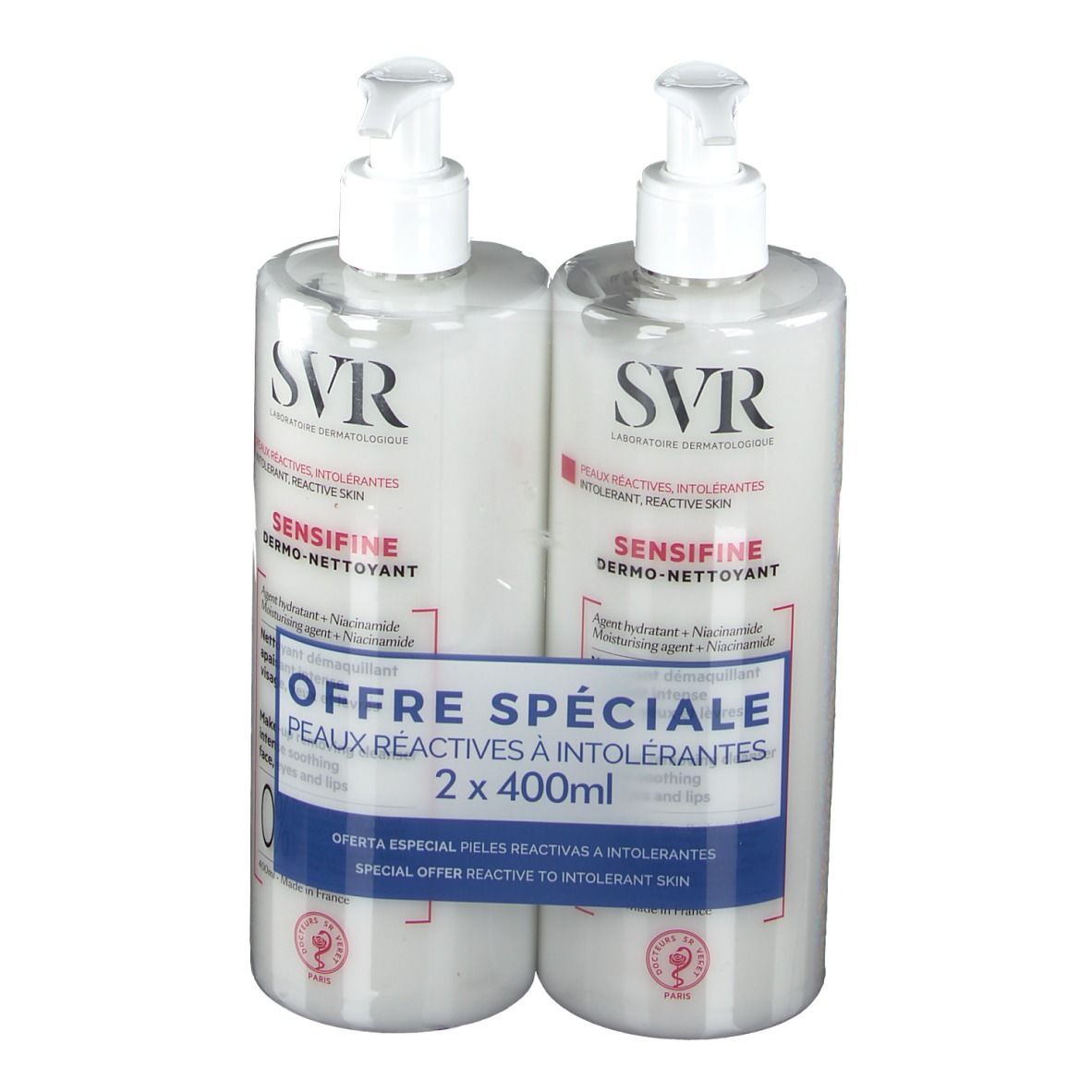 Zwei SVR Sensifine Dermo-Nettoyant Flaschen mit Pumpverschluss. Verpackt in Folie. Aufschrift: Peaux réactives à intolérantes.