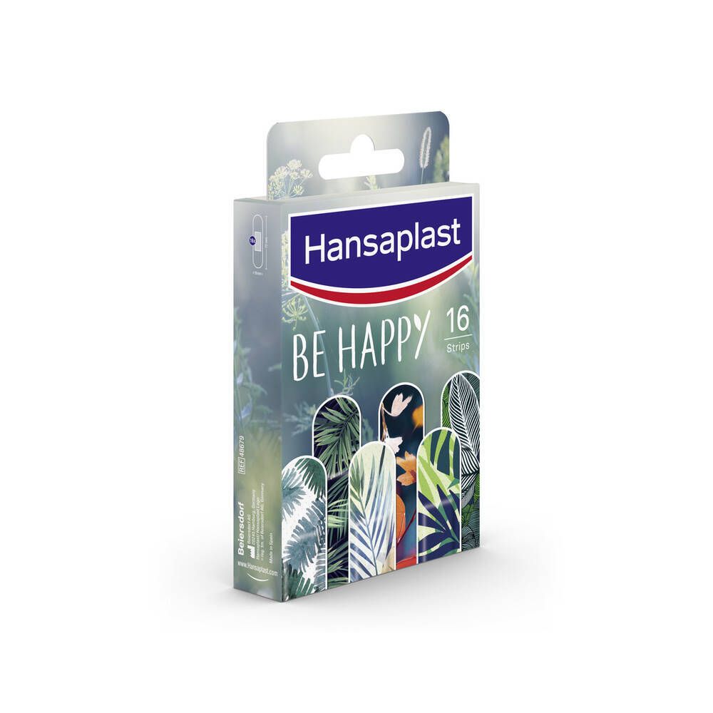 Schuine weergave van de Hansaplast Be Happy Limited Edition pleisterverpakking. 16 strips.