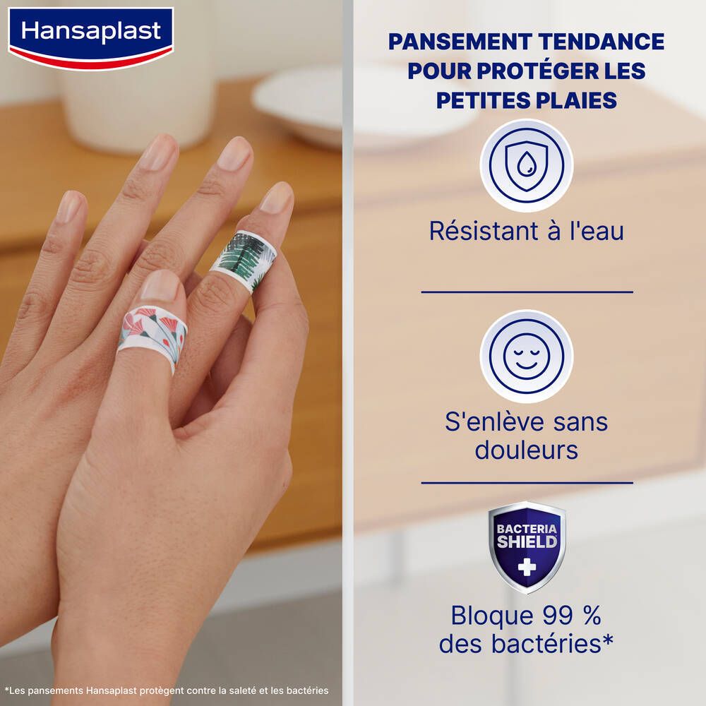 Pansements Hansaplast sur les doigts. Résistant à l'eau, sans douleur, bloque 99% des bactéries.