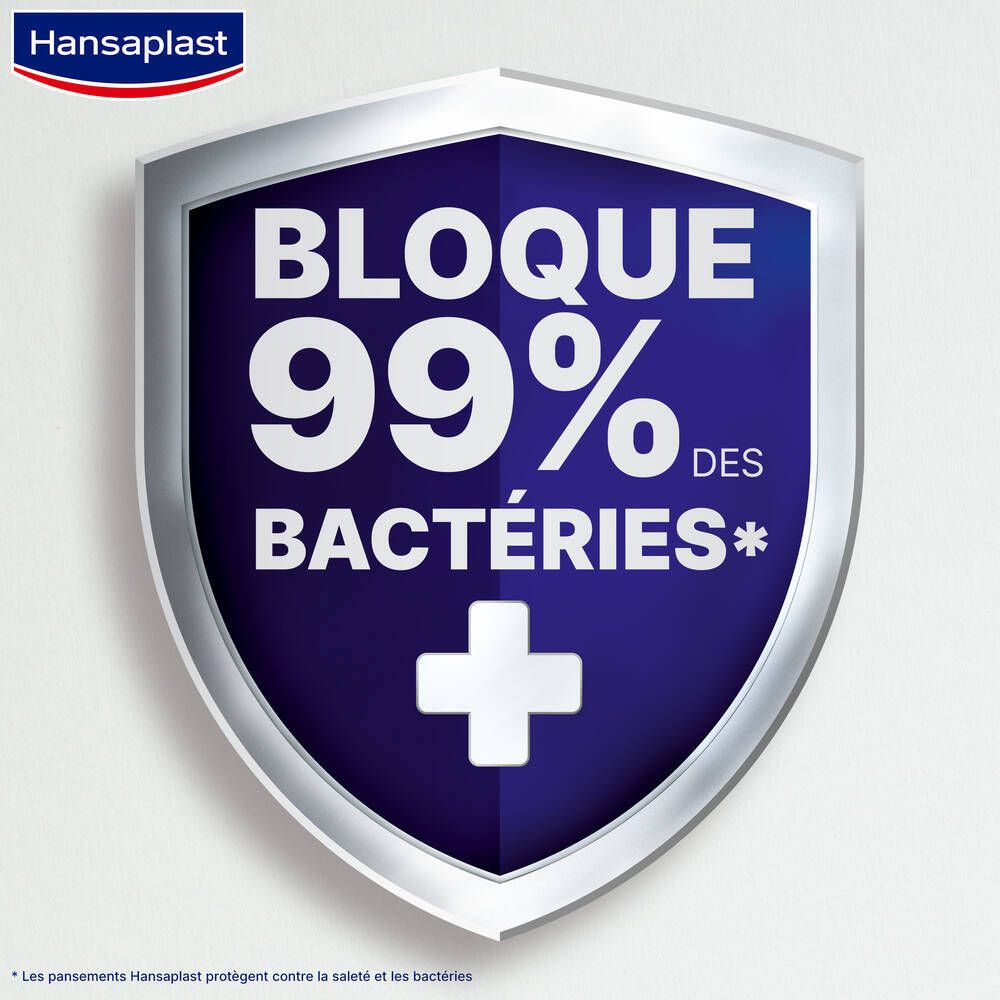 Écusson bleu avec croix blanche et texte : 'BLOQUE 99% DES BACTÉRIES'.