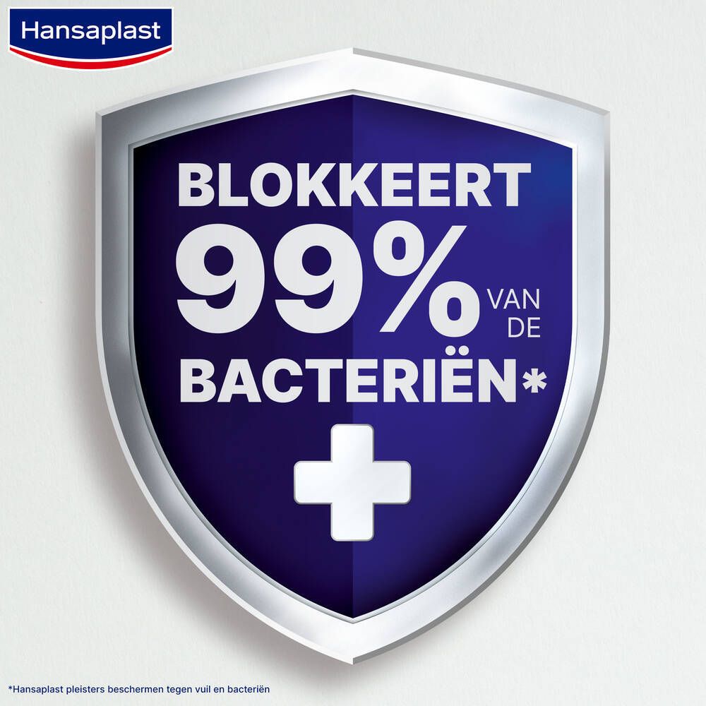 Blauw schild met wit kruis en tekst: 'BLOKKEERT 99% VAN DE BACTERIËN'.