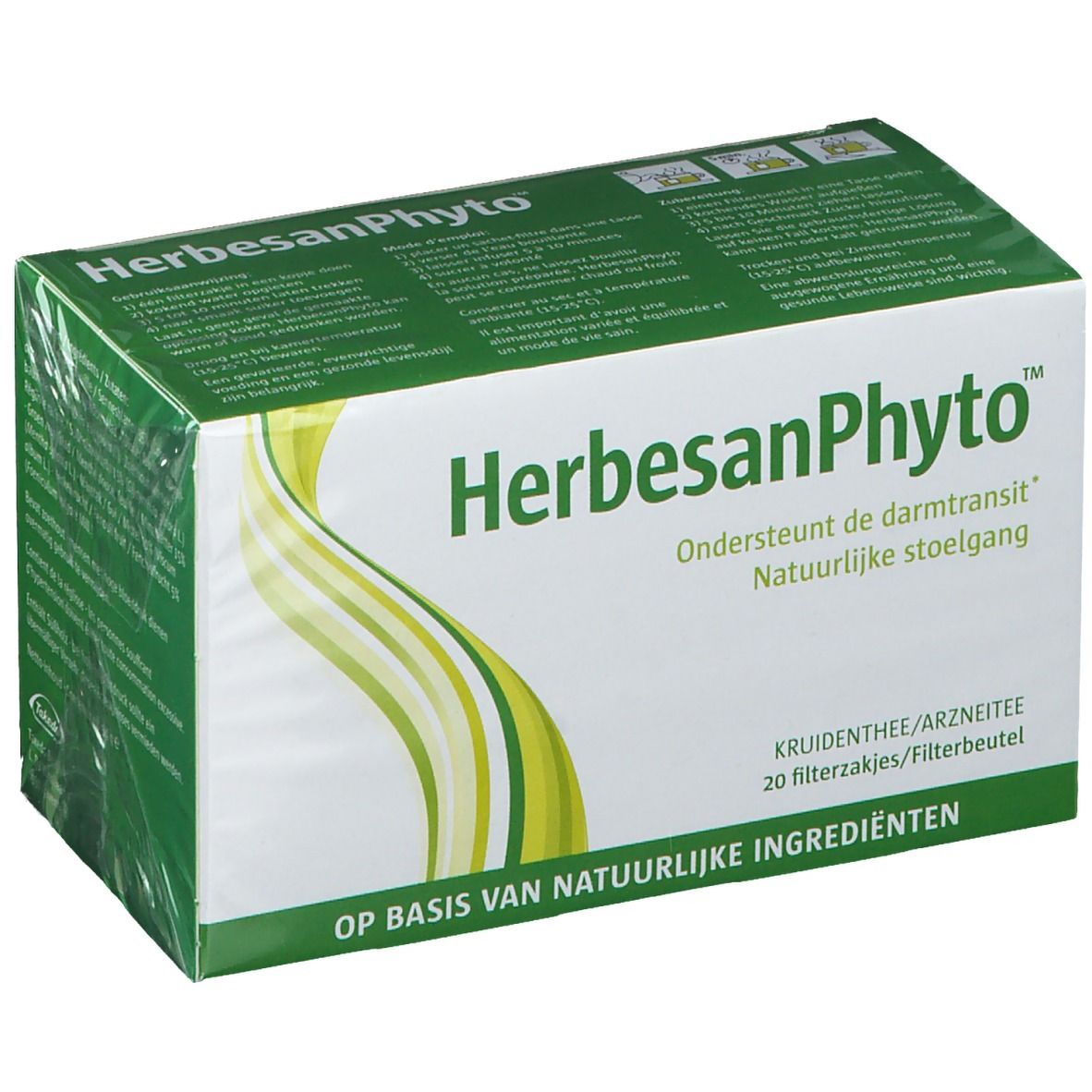 Boîte verte HerbesanPhyto. Texte: Soutient le transit intestinal, 20 sachets-filtres. À base d'ingrédients naturels.