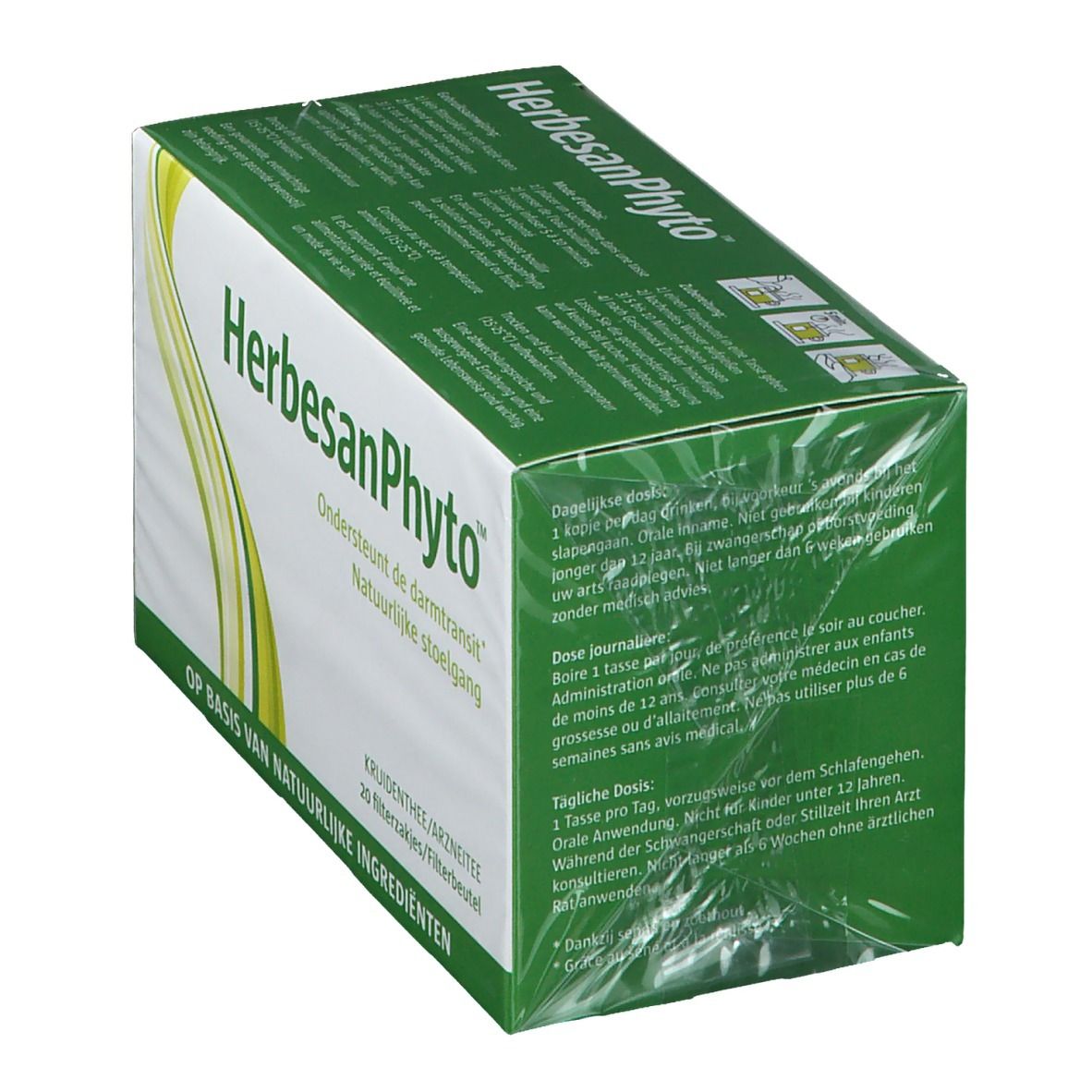 Boîte verte HerbesanPhyto. Texte: Soutient le transit intestinal, 20 sachets-filtres. Emballée sous film plastique.