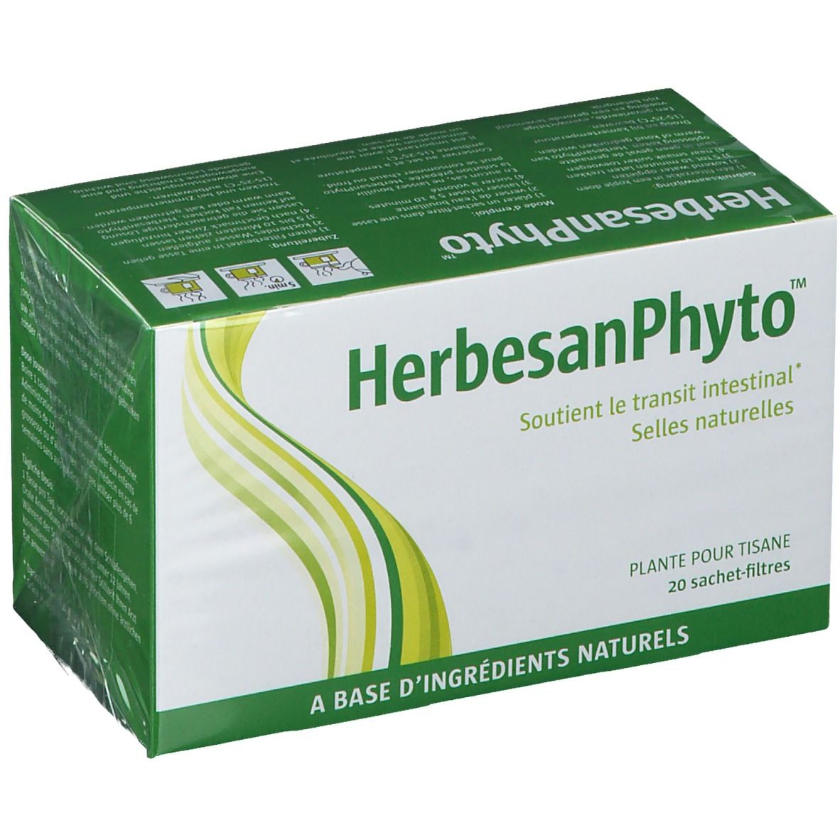 Boîte verte HerbesanPhyto. Texte: Soutient le transit intestinal, 20 sachets-filtres. Emballée sous film plastique.