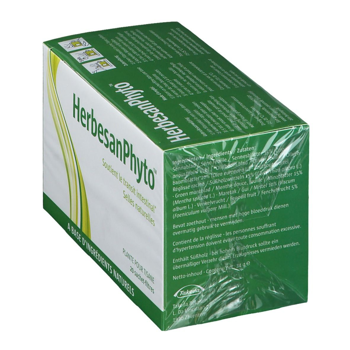 Boîte verte HerbesanPhyto. Texte: Soutient le transit intestinal, 20 sachets-filtres. Ingrédients visibles.