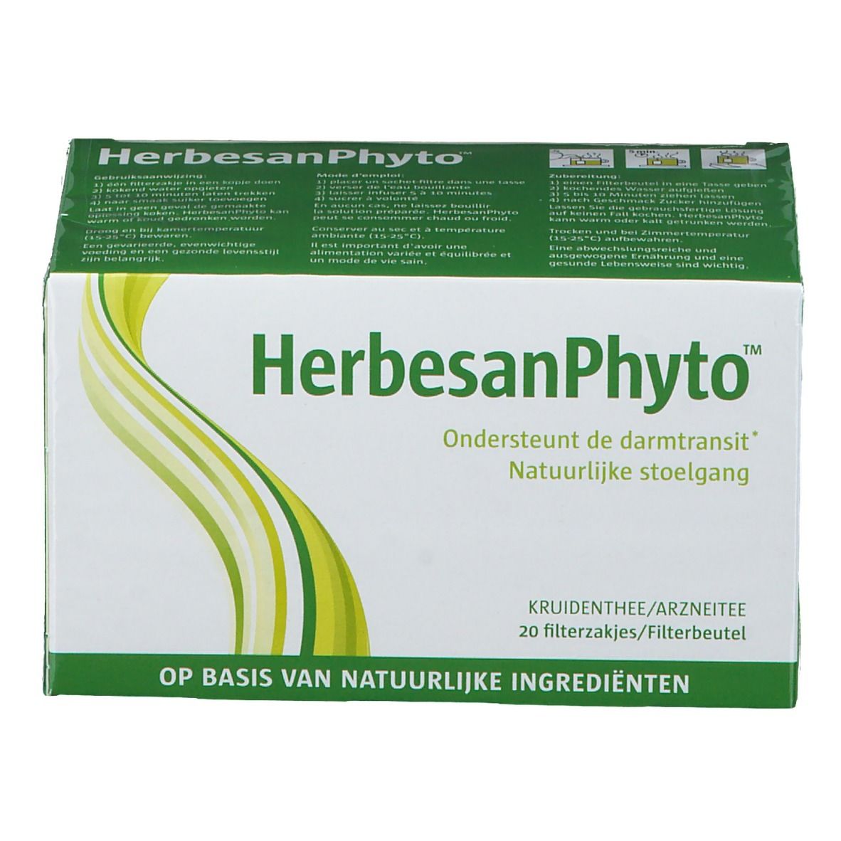 Boîte verte HerbesanPhyto. Texte: Soutient le transit intestinal, 20 sachets-filtres. À base d'ingrédients naturels.