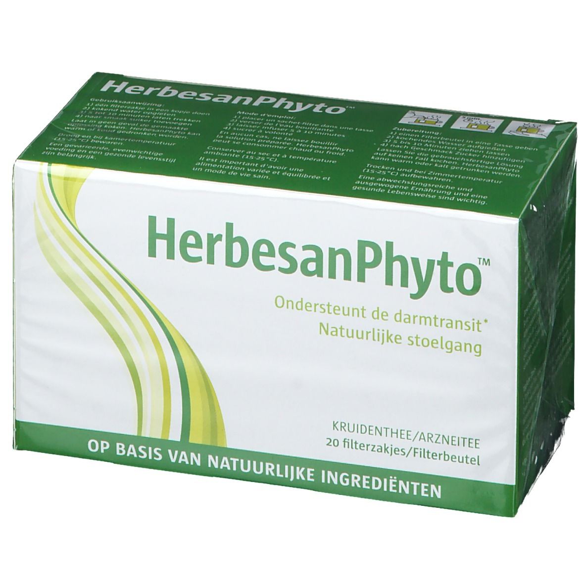 Boîte verte HerbesanPhyto. Texte: Soutient le transit intestinal, 20 sachets-filtres. À base d'ingrédients naturels.