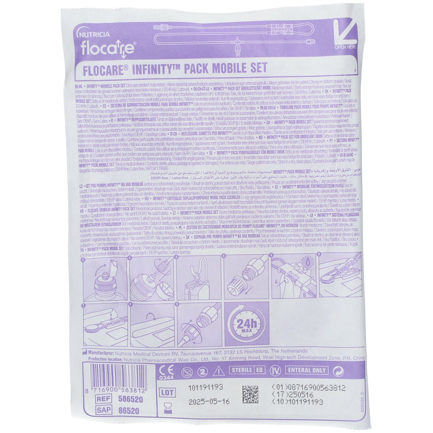 Achterkant verpakking Flocare® Infinity™ Pack Mobile Set. Tekst, illustraties, 24u-symbool, lotnummer.