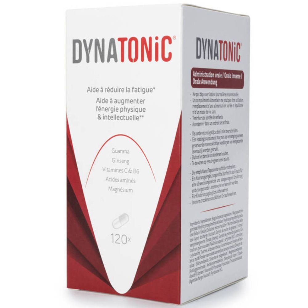 DYNATONiC®-verpakking. Witte doos met rood design. Bevat 120 capsules. Opschrift: guarana, ginseng, vitaminen, aminozuren, magnesium.