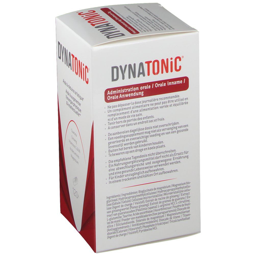 DYNATONiC®-verpakking. Achterkant van de witte doos met rood design. Tekst in het Duits, Frans, Italiaans en Nederlands.