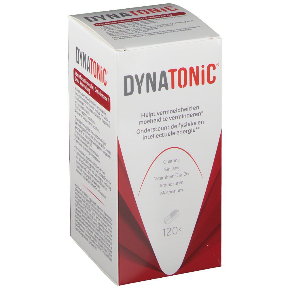 DYNATONiC®-verpakking. Witte doos met rood design. Bevat 120 capsules. Opschrift: guarana, ginseng, vitaminen, aminozuren, magnesium.