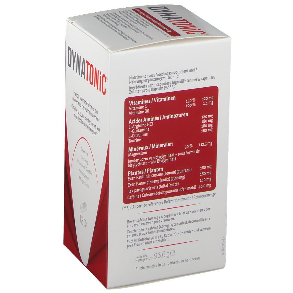 DYNATONiC®-verpakking. Achterkant van de witte doos met rood design. Bevat voedingsinformatie en ingrediënten.