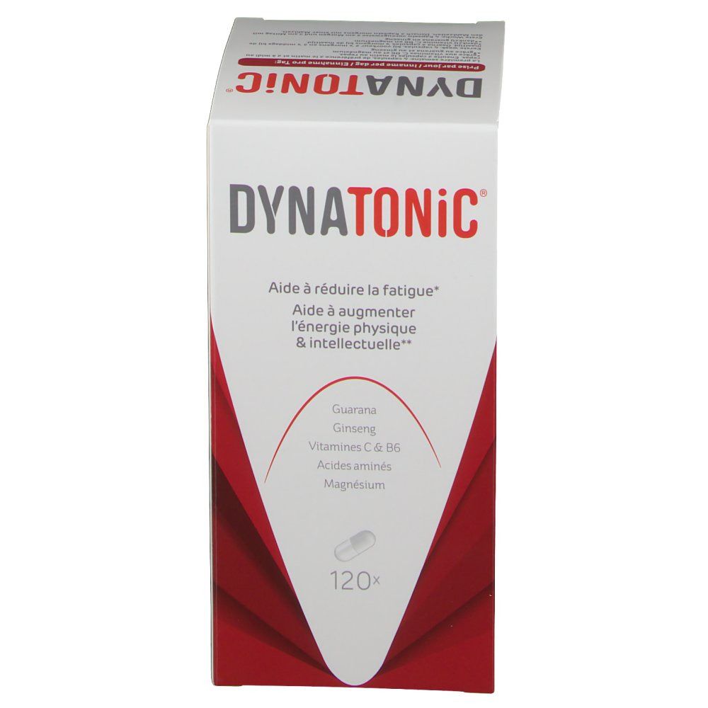 DYNATONiC®-verpakking. Witte doos met rood design. Bevat 120 capsules. Opschrift: guarana, ginseng, vitaminen, aminozuren, magnesium.