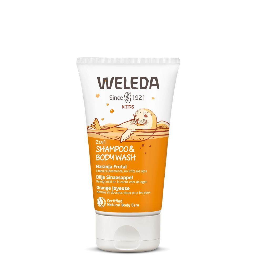 Tube de Weleda Kids 2 en 1 Shampooing & Gel douche. Contenu orange. Illustration de phoque. Texte: Orange, 2 en 1, Natural Body Care.