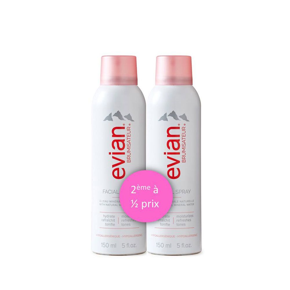 Deux Evian Facial Spray avec bouchons roses. Autocollant: 2ème à 1/2 prix.