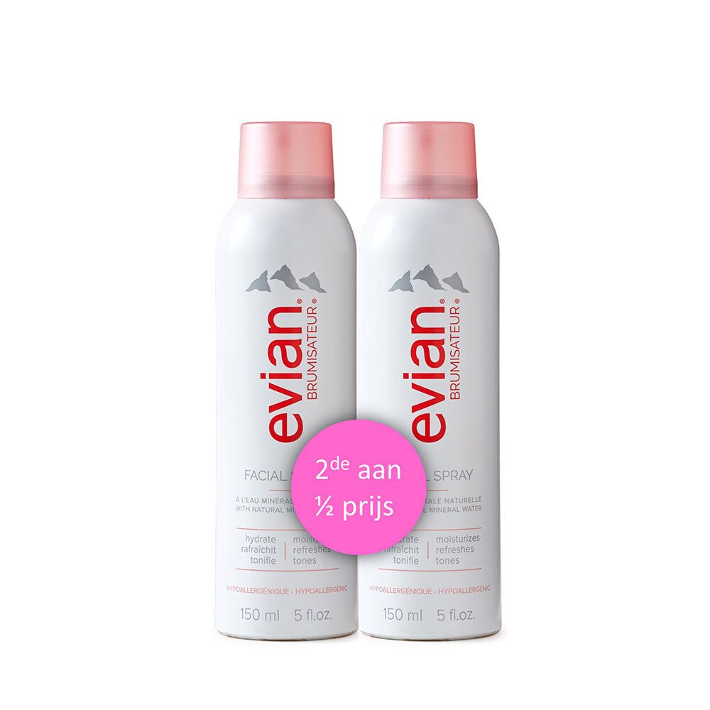 Twee Evian Facial Spray met roze doppen. Sticker: 2de aan 1/2 prijs.