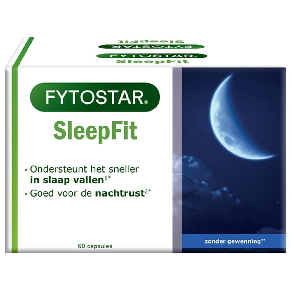 Doos met groen logo en productnaam SleepFit. Maan-illustratie. 60 capsules.