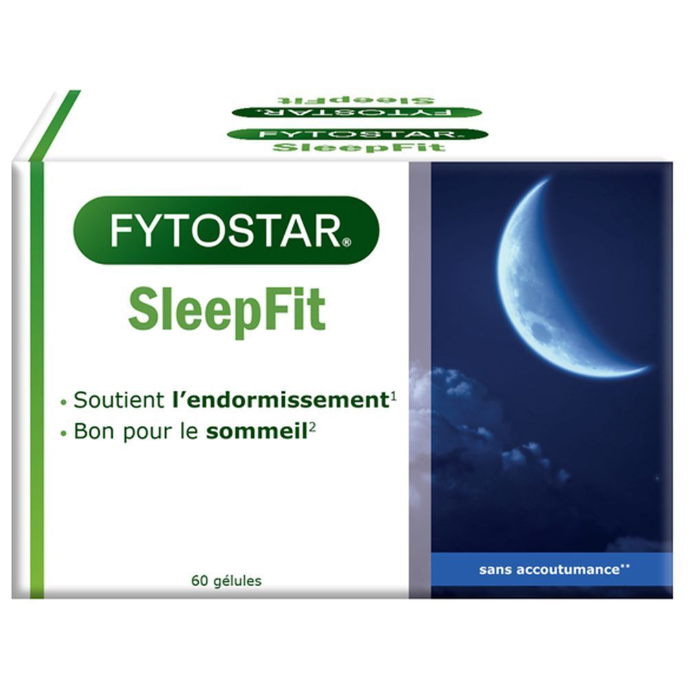 Boîte avec logo vert et nom du produit SleepFit. Illustration de lune. 60 gélules.