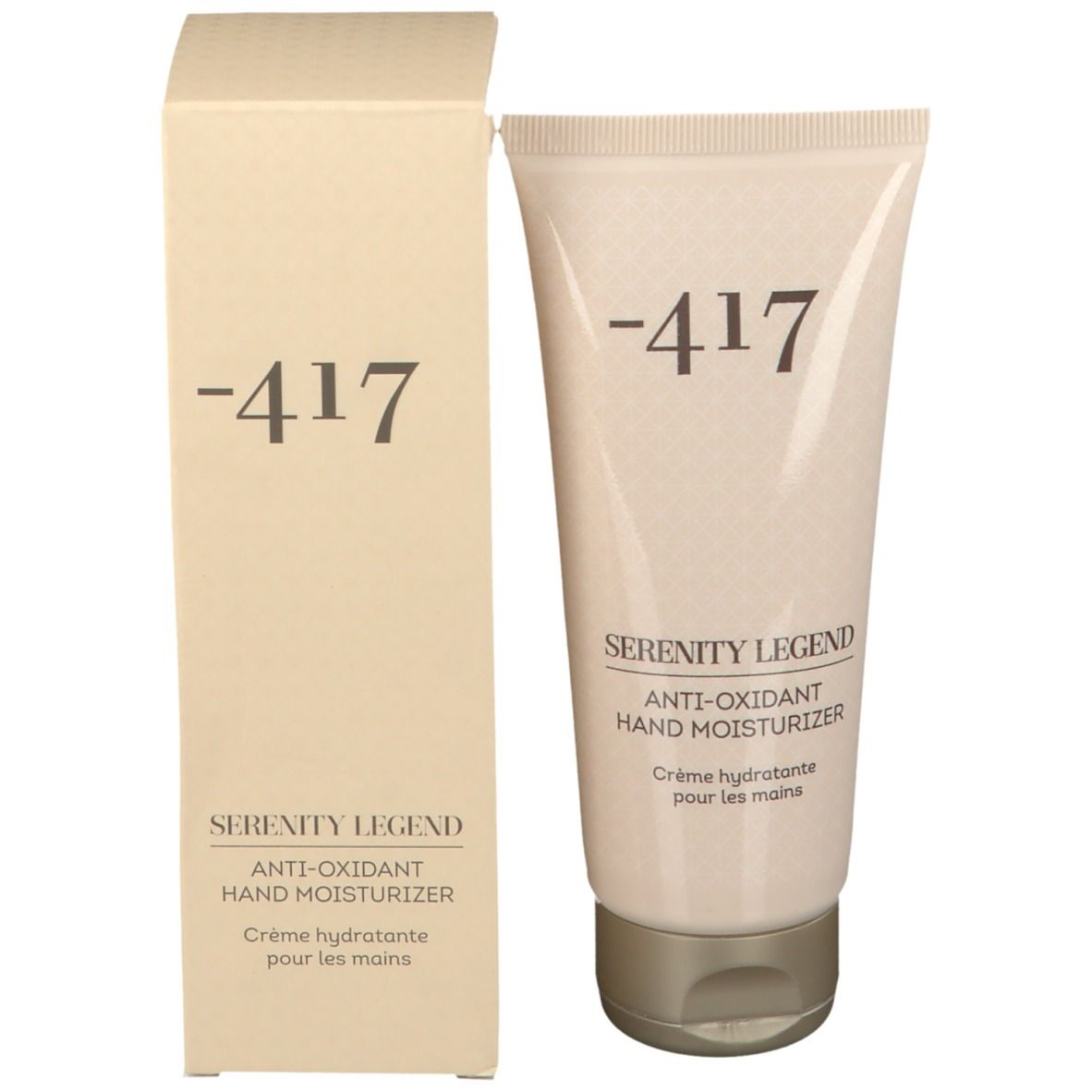 Emballage du produit. Tube et boîte. Inscription -417, Serenity Legend, Anti-Oxidant Hand Moisturizer.