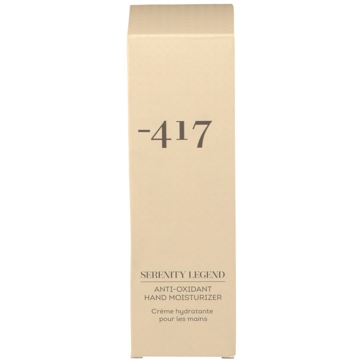Boîte beige avec inscription -417, Serenity Legend, Anti-Oxidant Hand Moisturizer. Crème hydratante pour les mains.