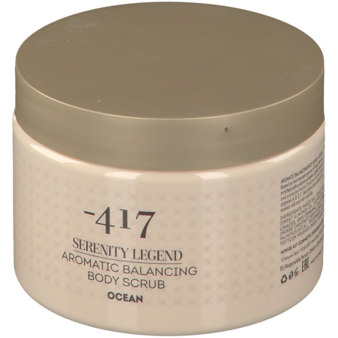 Beige Dose mit Deckel. Aufschrift: -417 Serenity Legend Aromatic Balancing Body Scrub Ocean.