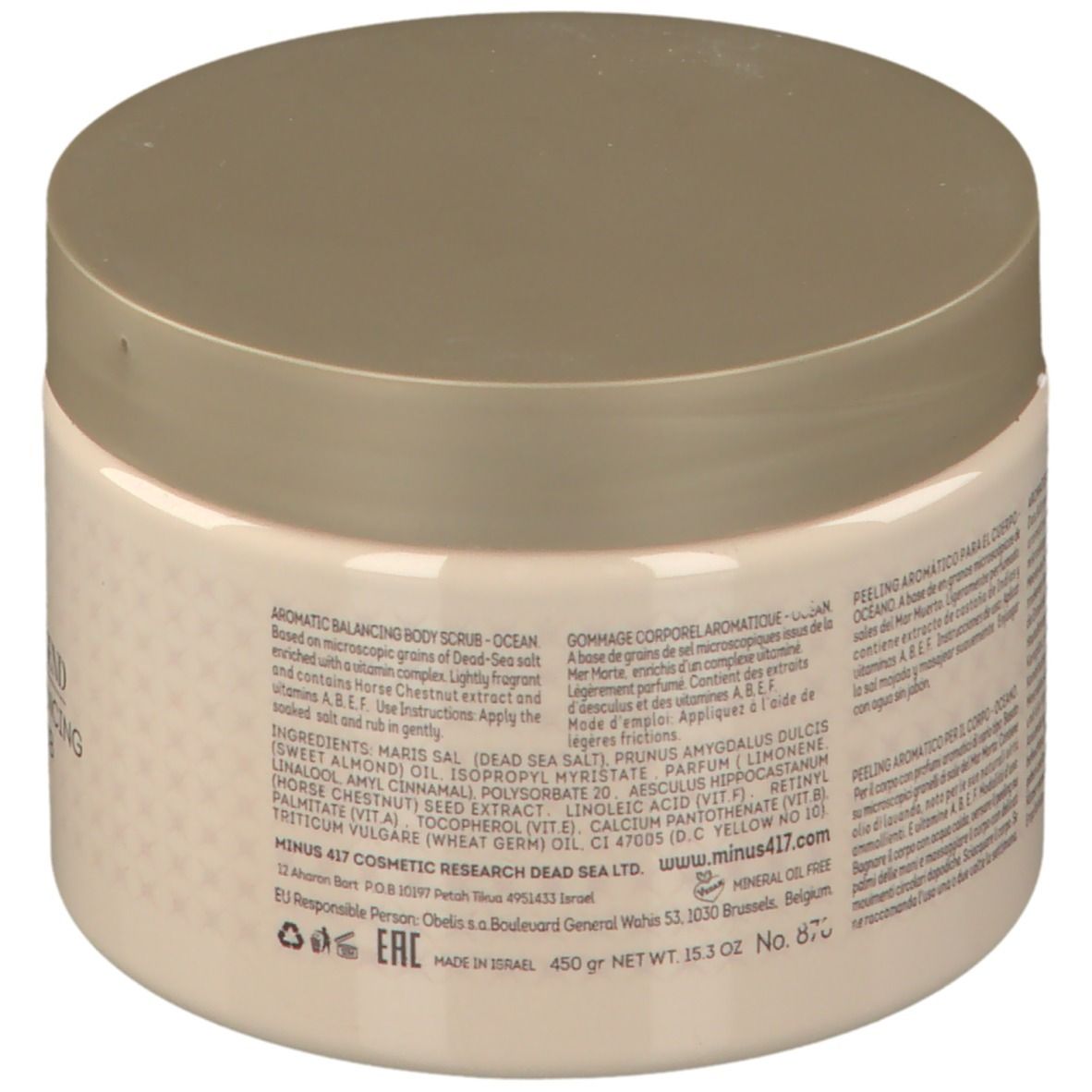 Beige Dose mit Deckel. Aufschrift: -417 Serenity Legend Aromatic Balancing Body Scrub Ocean. Text auf der Rückseite.