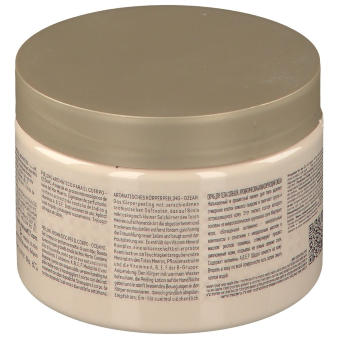 Beige Dose mit Deckel. Text auf der Rückseite. Aufschrift: -417 Serenity Legend Aromatic Balancing Body Scrub Ocean.