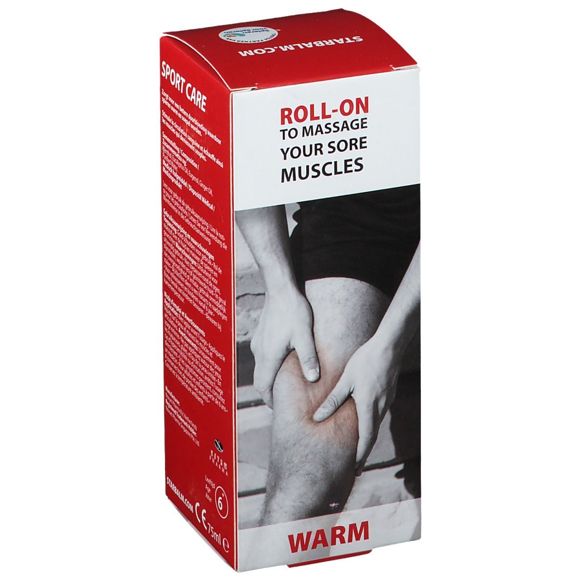 Verpakking met tekst en afbeelding van een persoon die zijn been masseert. Tekst: ROLL-ON to massage your sore muscles.