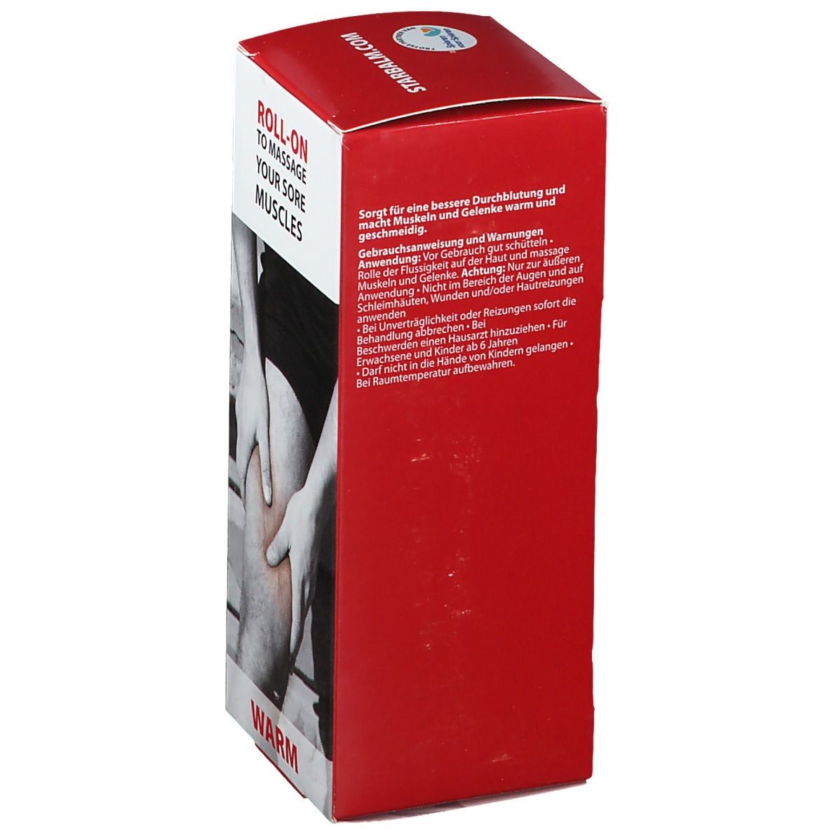 Rode verpakking met tekst en afbeelding van een persoon die zijn been masseert. Tekst: ROLL-ON to massage your sore muscles.