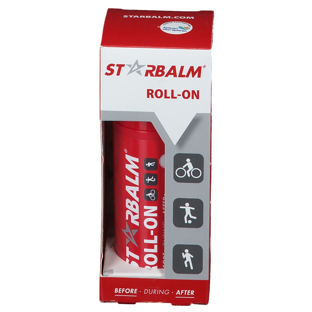 Rode STARBALM® ROLL-ON fles in rode verpakking. Pictogrammen van sporten op de verpakking.
