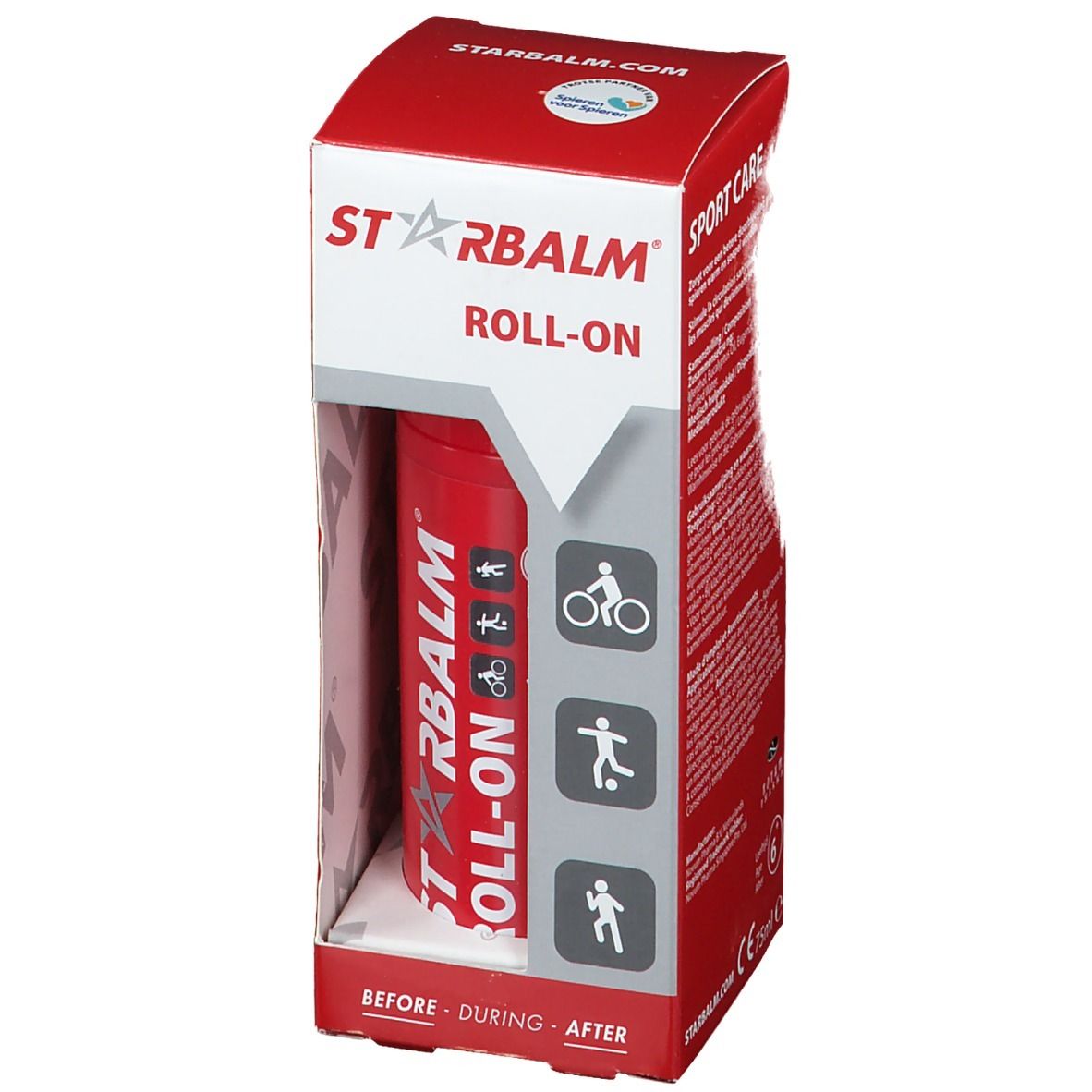 Rode STARBALM® ROLL-ON fles in rode verpakking. Pictogrammen van sporten op de verpakking.