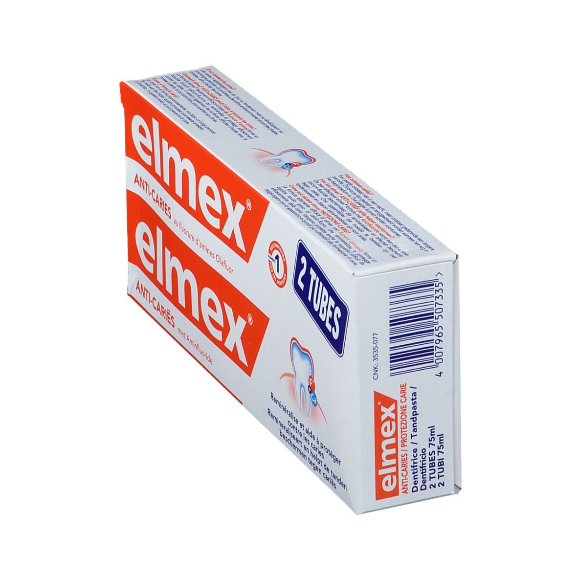 Boîte inclinée avec deux tubes de dentifrice elmex® Anti-Caries. Design rouge et blanc avec nom du produit.