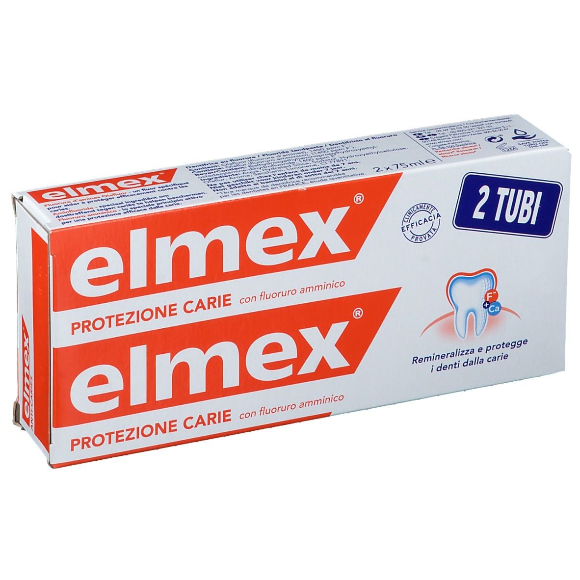 Boîte avec deux tubes de dentifrice elmex® Protezione Carie. Design rouge et blanc avec nom et logo du produit.