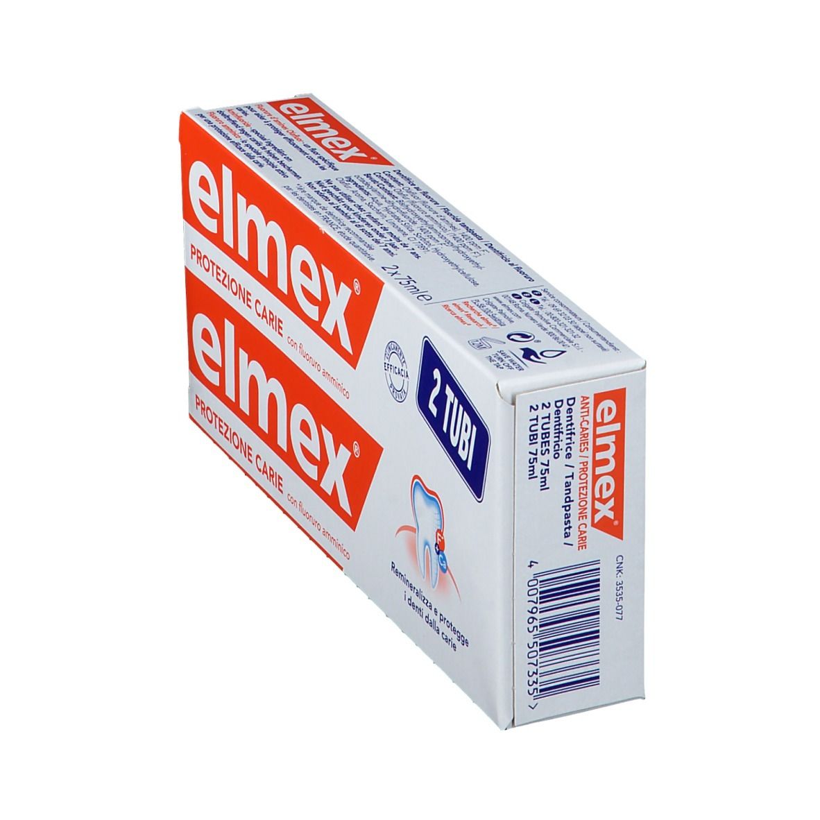 Boîte inclinée avec deux tubes de dentifrice elmex® Protezione Carie. Design rouge et blanc avec nom du produit.
